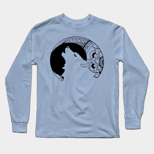 Howling Wolf Mandala Long Sleeve T-Shirt by Lady Lilac